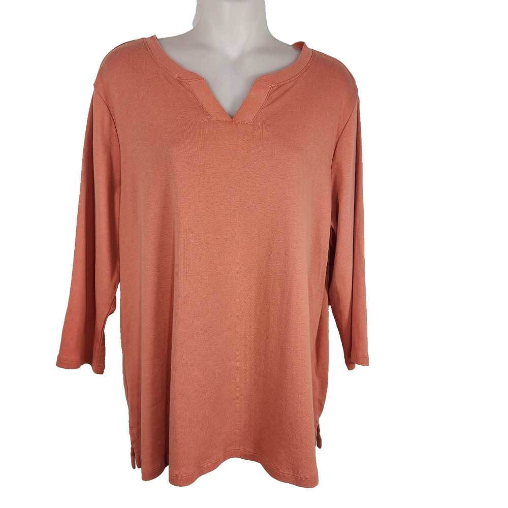 Denim & Co. Essentials Womens 100% Cotton Micro Rib Top Apricot 3/4 Sleeve Small